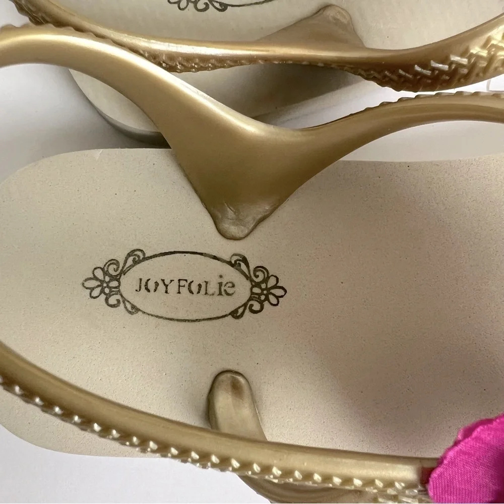 Joyfolie | Pink Flower Embellished Gold Cassia Sandal Fit Flop | Girls 3 / 4